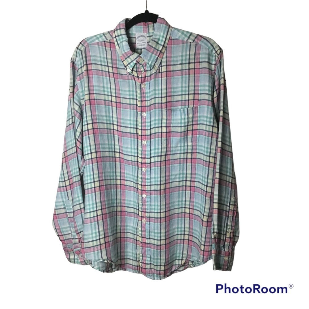 Brooks Brothers pastel plaid linen long sleeve button down shirt. Large